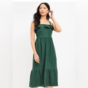 Petite 14 Eyelet Ruffle Square Neck Midi Dress from Loft in Green